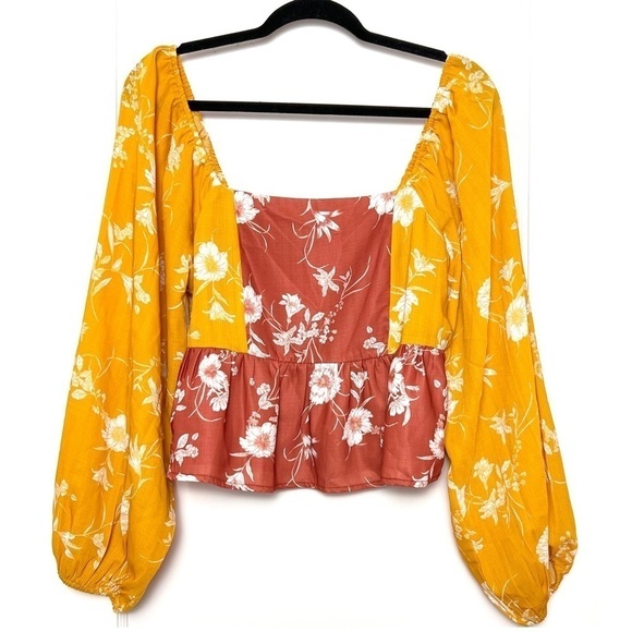 WALTER BAKER 70s Floral Colorblock Off Shoulder Puff Long Sleeve Ruffle Top M - Picture 2 of 8